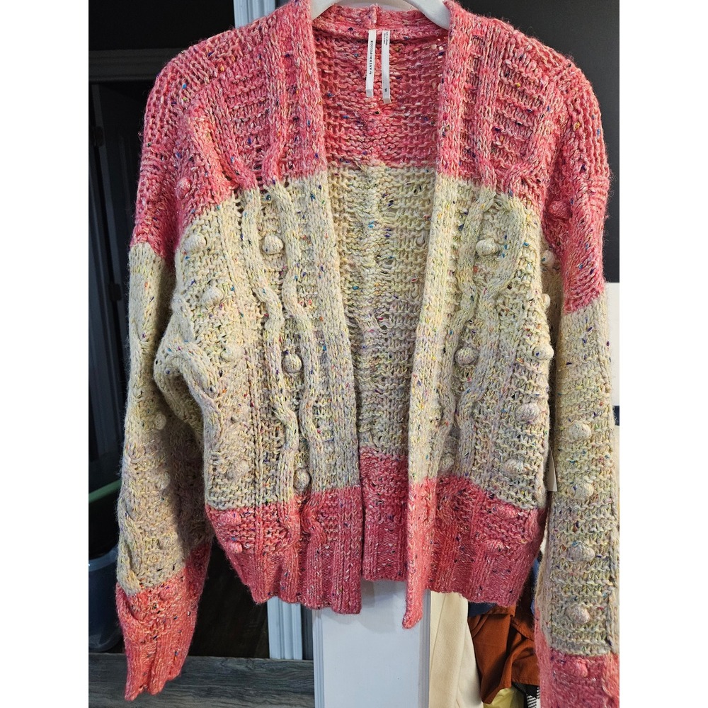 ANTHROPOLOGIE Colorblock Bobble Cable Knit Cardigan Sweater Pink Cream XS